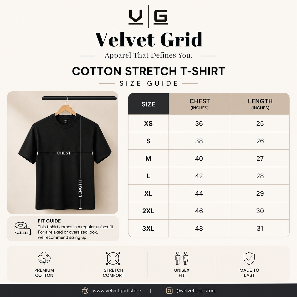 Premium Stretch Cotton Crew T-Shirt for Men & Women | Velvet Grid