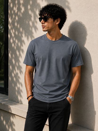 Premium Cotton Regular Fit Crew Neck T-Shirt| Velvet Grid