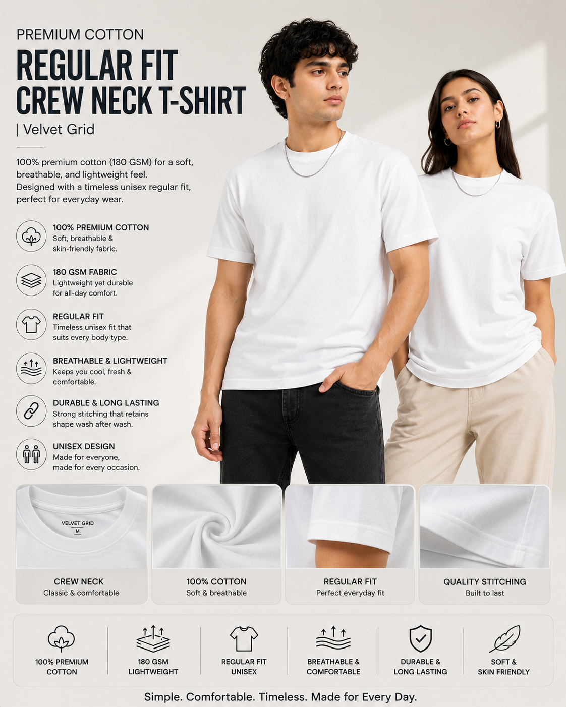 Premium Cotton Regular Fit Crew Neck T-Shirt| Velvet Grid