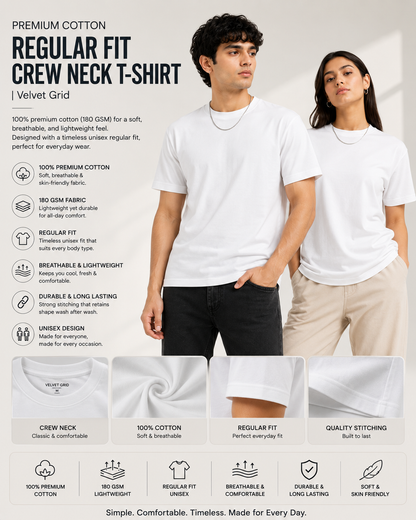 Premium Cotton Regular Fit Crew Neck T-Shirt| Velvet Grid
