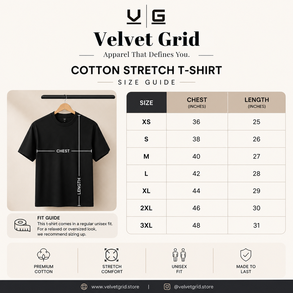 Premium Stretch Cotton Crew T-Shirt for Men & Women | Velvet Grid