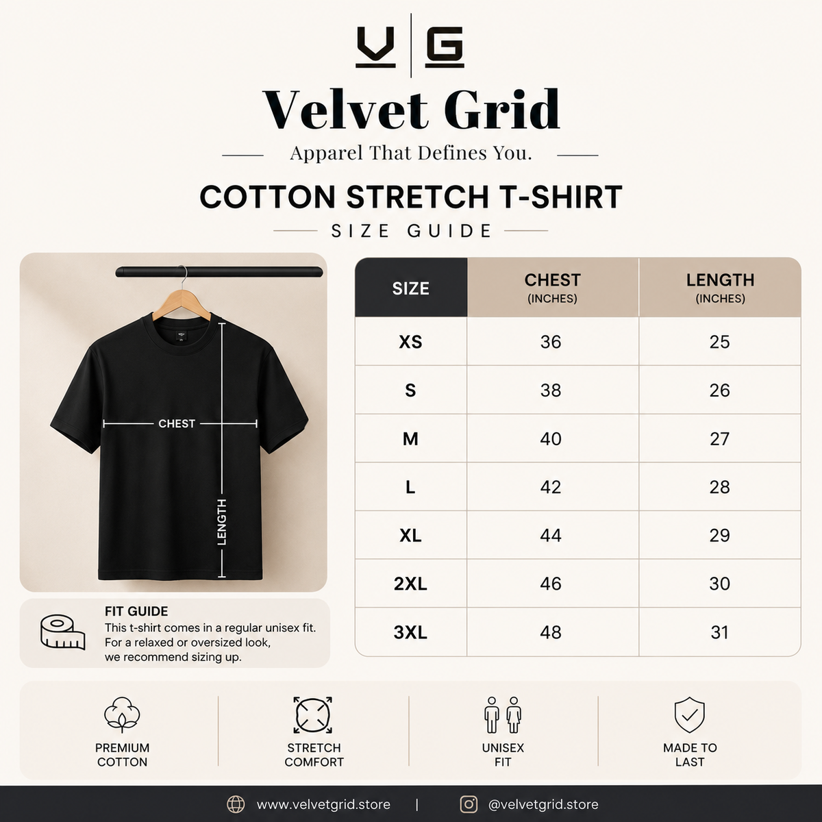 Premium Stretch Cotton Crew T-Shirt for Men & Women | Velvet Grid