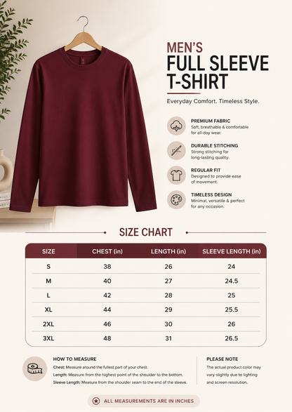Premium Cotton Full Sleeve T-Shirt | 180 GSM Unisex Regular Fit | Velvet Grid