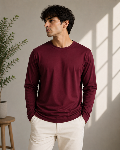 Premium Cotton Full Sleeve T-Shirt | 180 GSM Unisex Regular Fit | Velvet Grid