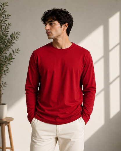 Premium Cotton Full Sleeve T-Shirt | 180 GSM Unisex Regular Fit | Velvet Grid