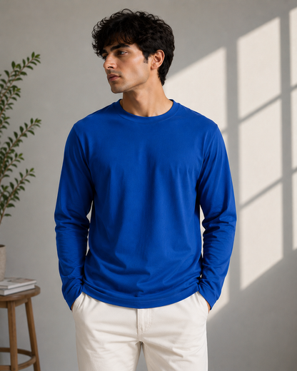 Premium Cotton Full Sleeve T-Shirt | 180 GSM Unisex Regular Fit | Velvet Grid
