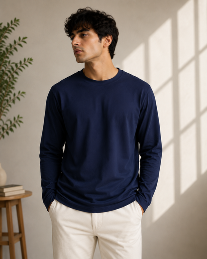 Premium Cotton Full Sleeve T-Shirt | 180 GSM Unisex Regular Fit | Velvet Grid