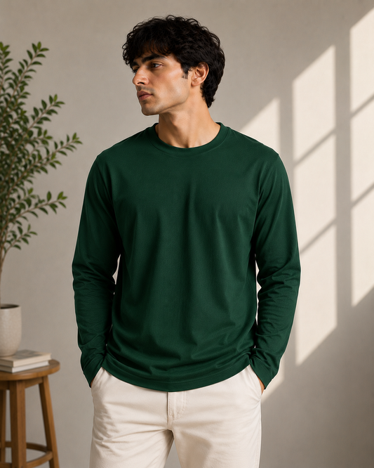 Premium Cotton Full Sleeve T-Shirt | 180 GSM Unisex Regular Fit | Velvet Grid