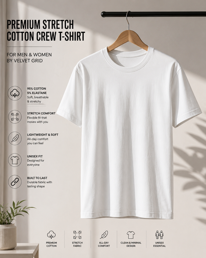 Premium Stretch Cotton Crew T-Shirt for Men & Women | Velvet Grid